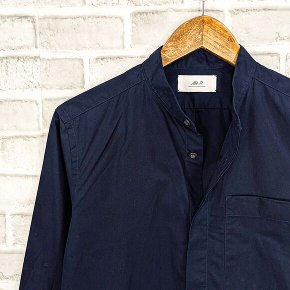 Mr P. Porter Men's Navy Blue Button up Band Collar Shirt 100% Cotton size XS - Picture 5 of 7